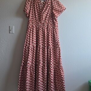 Anthropologie Somerset Tiered Maxi Dress Red Rose Geometric Summer Size 1X